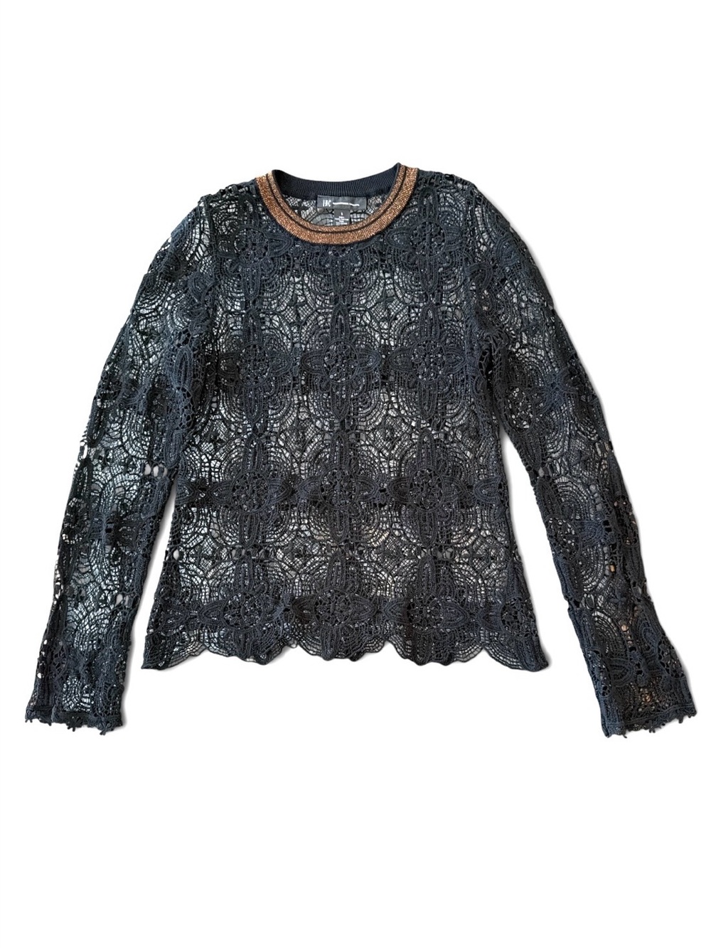 INC International Concepts Black Lace Long-Sleeve Top Metallic Gold Trim S